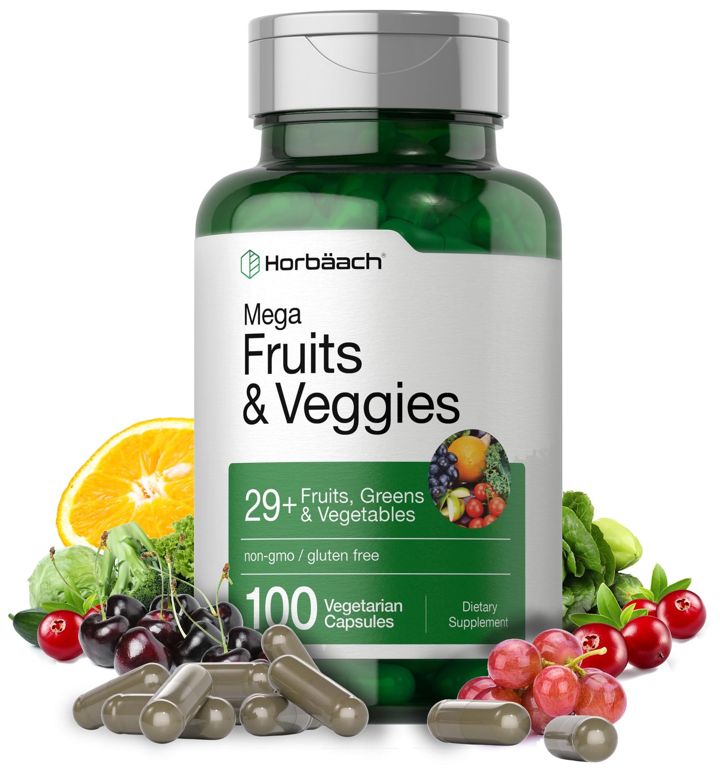 Horbäach Mega Fruits & Veggies Supplement | 100 Capsules | Vegetarian, Non-GMO, Gluten Free