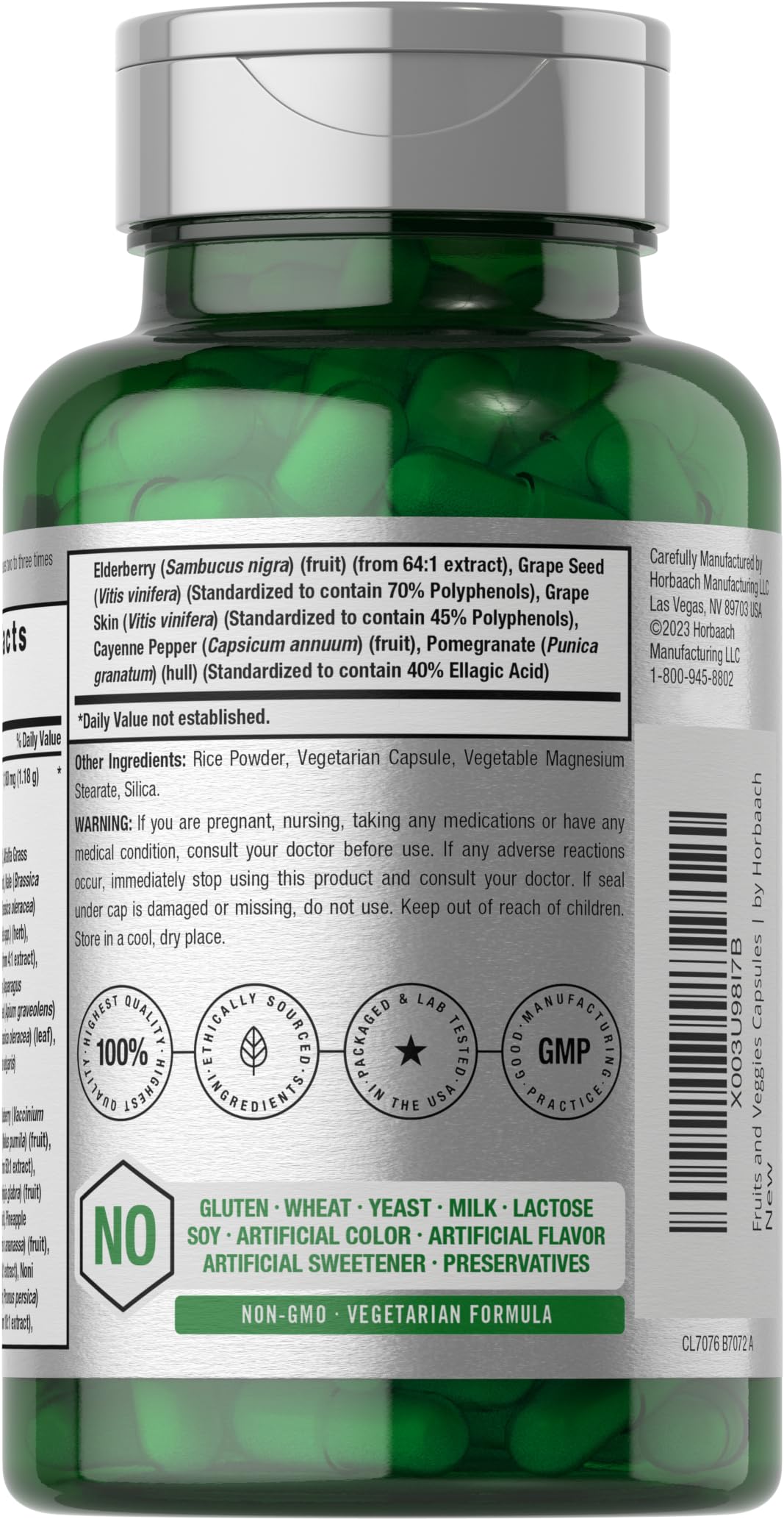 Horbäach Mega Fruits & Veggies Supplement | 100 Capsules | Vegetarian, Non-GMO, Gluten Free