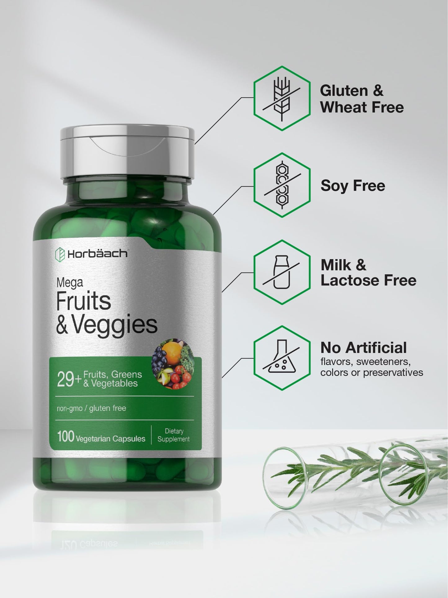 Horbäach Mega Fruits & Veggies Supplement | 100 Capsules | Vegetarian, Non-GMO, Gluten Free