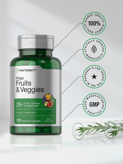 Horbäach Mega Fruits & Veggies Supplement | 100 Capsules | Vegetarian, Non-GMO, Gluten Free