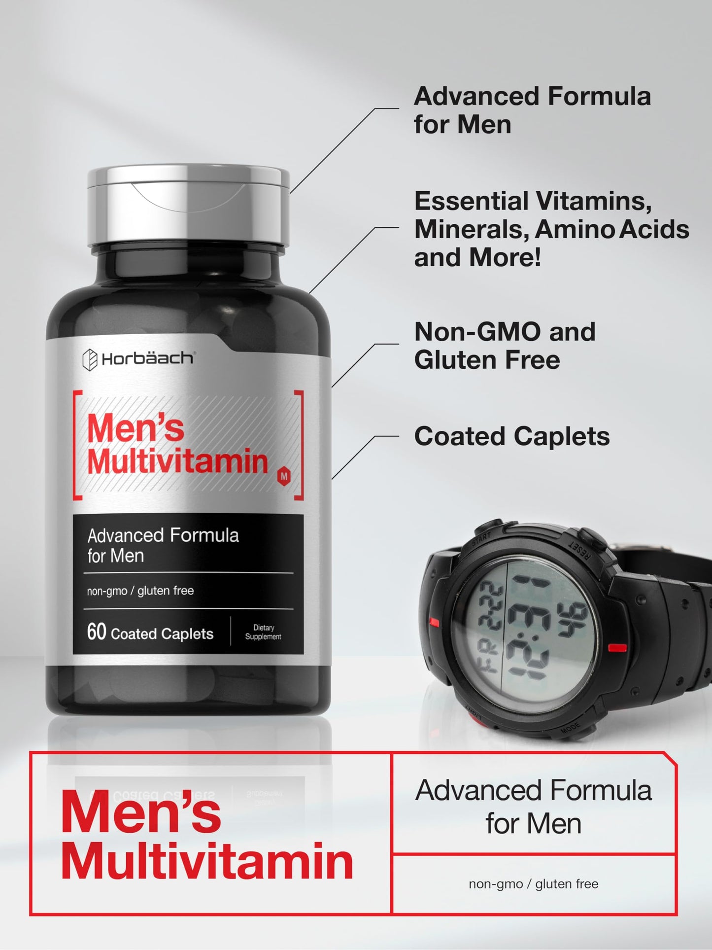 Horbäach Mens Multivitamin 60 Caplets – Advanced Formula with Vitamin C, D, Magnesium | Non-GMO & Gluten Free