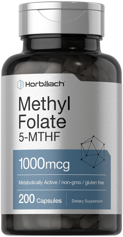 Horbäach Methyl Folate 1000 mcg | 200 Capsules | 5-MTHF | Non-GMO, Gluten Free