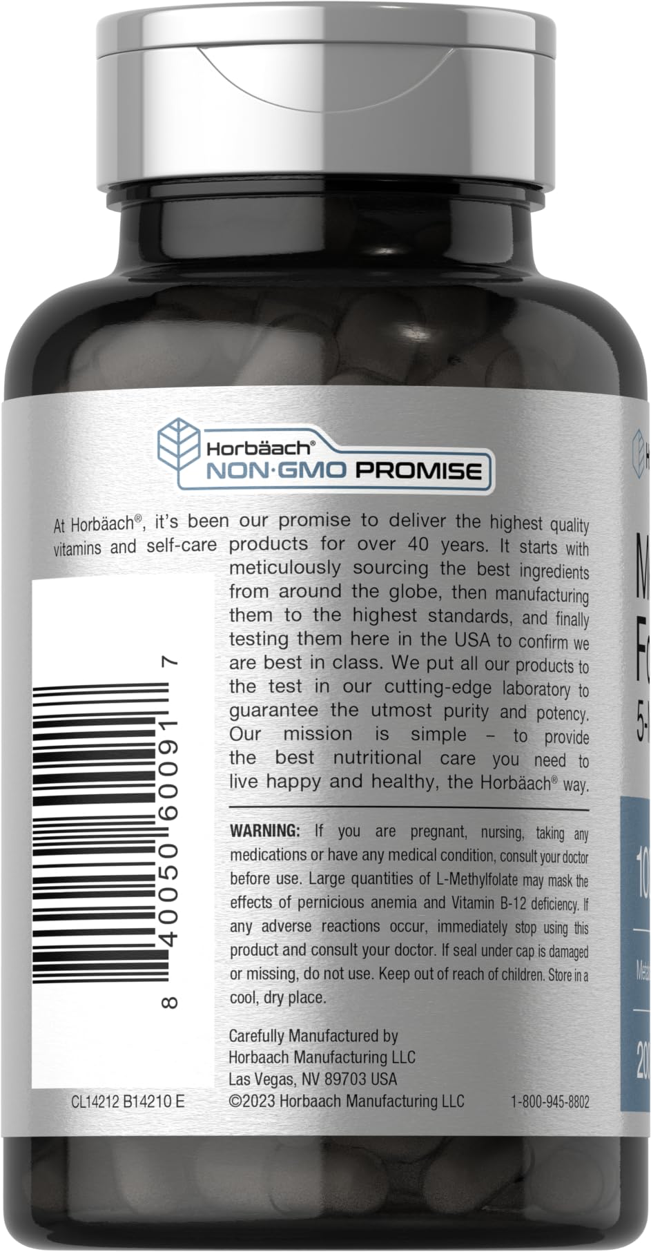 Horbäach Methyl Folate 1000 mcg | 200 Capsules | 5-MTHF | Non-GMO, Gluten Free