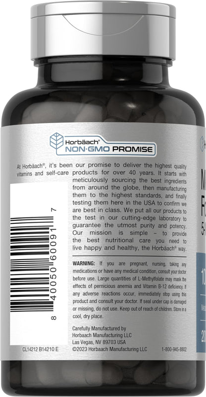 Horbäach Methyl Folate 1000 mcg | 200 Capsules | 5-MTHF | Non-GMO, Gluten Free