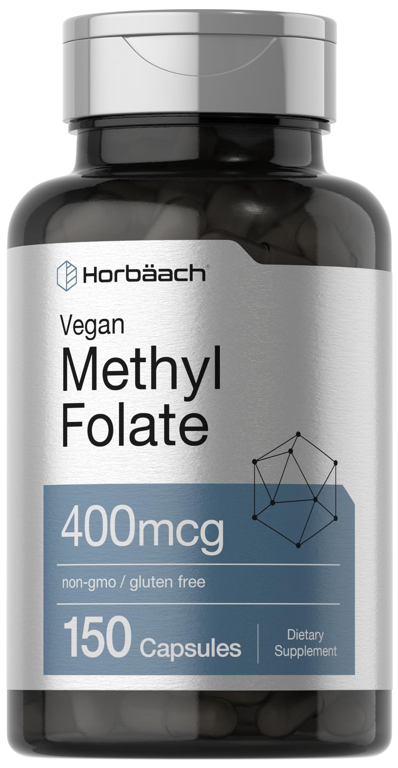 Horbäach Methyl Folate 400 mcg | 150 Vegan Capsules | Non-GMO, Gluten Free | Dietary Supplement