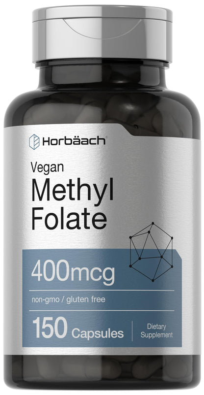 Horbäach Methyl Folate 400 mcg | 150 Vegan Capsules | Non-GMO, Gluten Free | Dietary Supplement