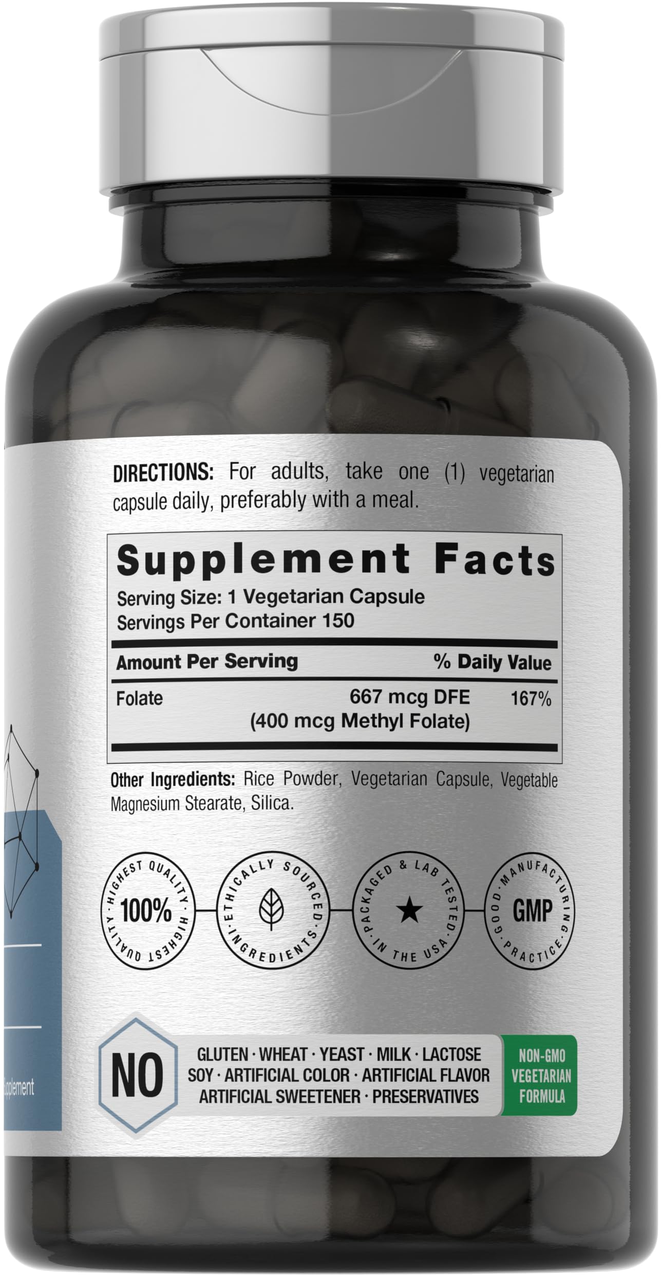 Horbäach Methyl Folate 400 mcg | 150 Vegan Capsules | Non-GMO, Gluten Free | Dietary Supplement