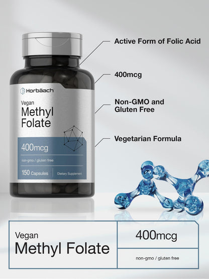 Horbäach Methyl Folate 400 mcg | 150 Vegan Capsules | Non-GMO, Gluten Free | Dietary Supplement