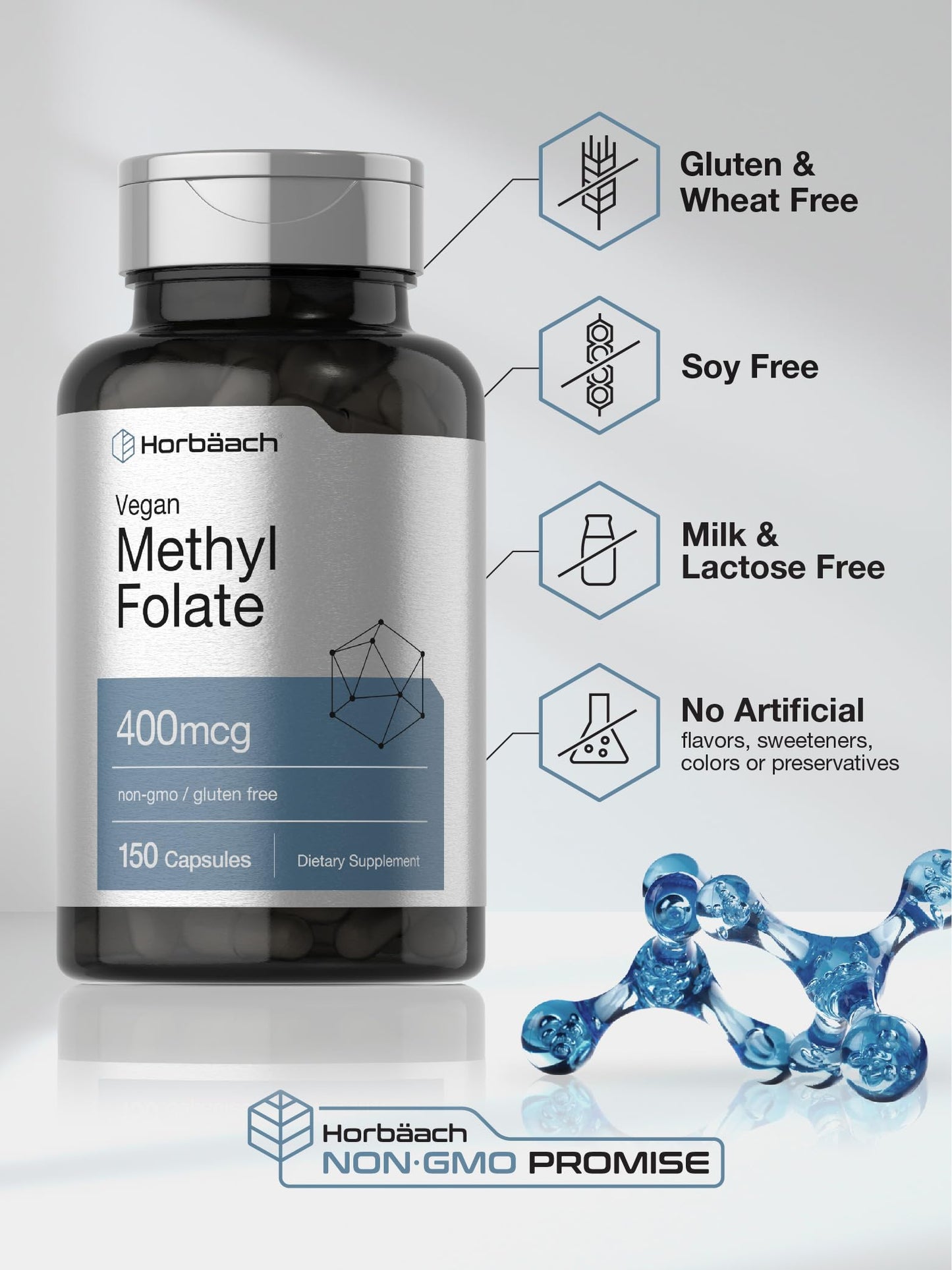 Horbäach Methyl Folate 400 mcg | 150 Vegan Capsules | Non-GMO, Gluten Free | Dietary Supplement