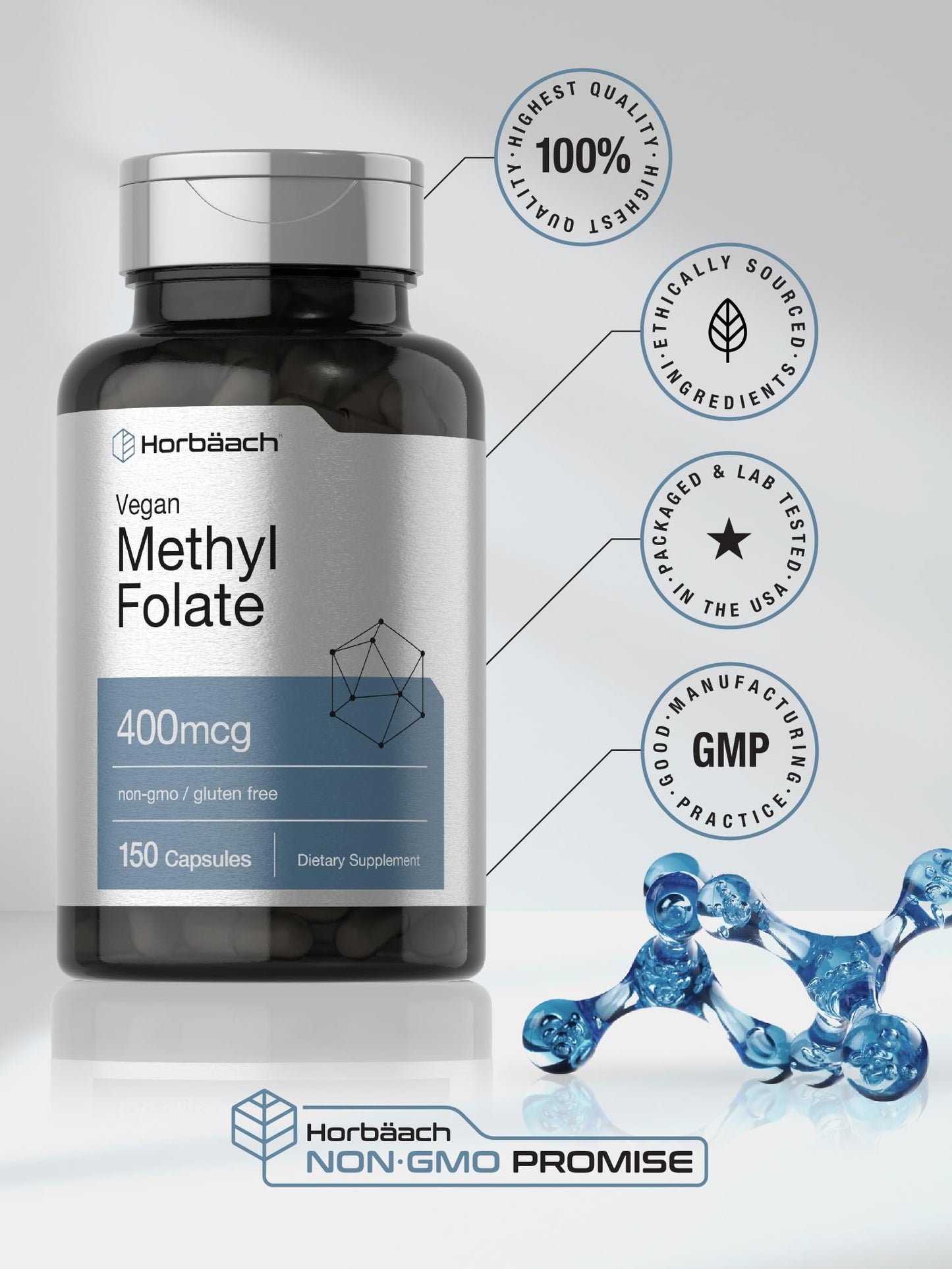 Horbäach Methyl Folate 400 mcg | 150 Vegan Capsules | Non-GMO, Gluten Free | Dietary Supplement