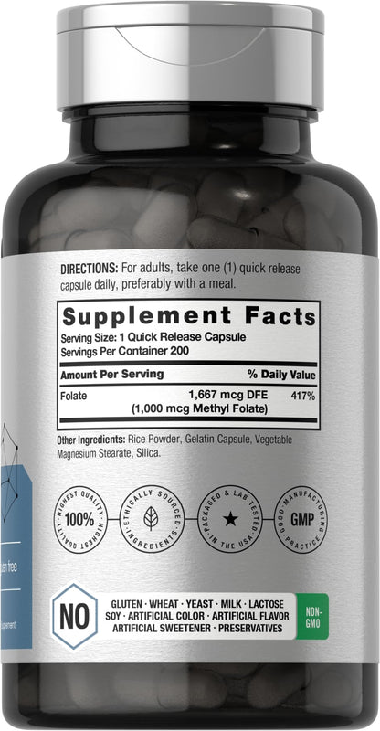 Horbäach Methyl Folate 1000 mcg | 200 Capsules | 5-MTHF | Non-GMO, Gluten Free
