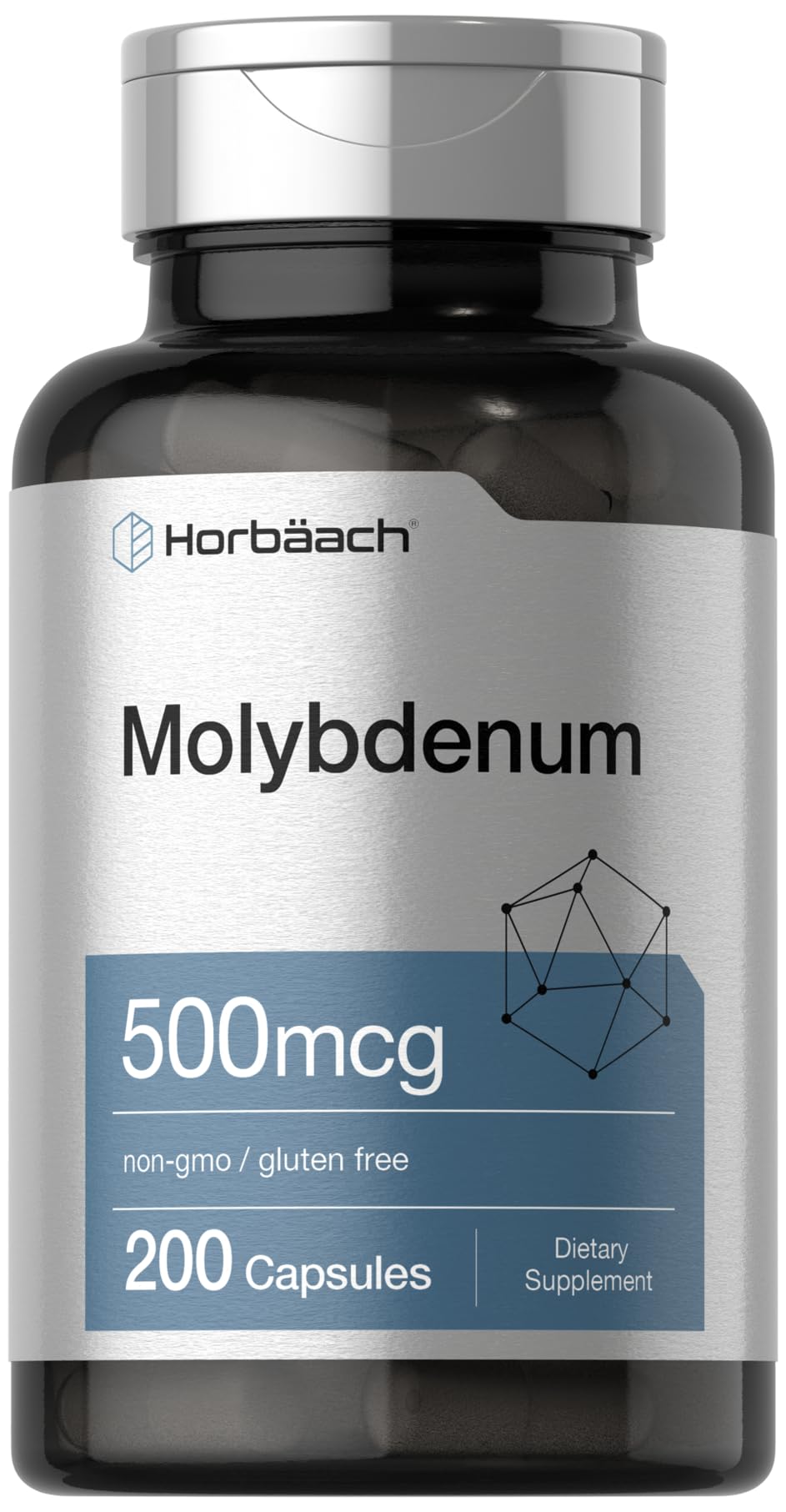 Horbaach Molybdenum Supplement | 500mcg | 200 Capsules | Amino Acid Chelate | Non-GMO, Gluten Free