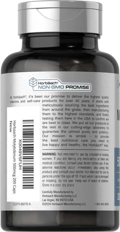 Horbaach Molybdenum Supplement | 500mcg | 200 Capsules | Amino Acid Chelate | Non-GMO, Gluten Free