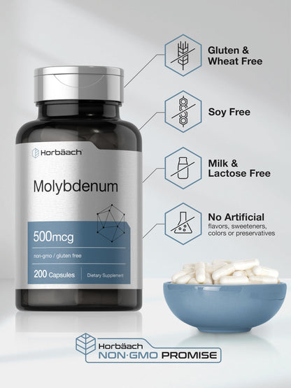 Horbaach Molybdenum Supplement | 500mcg | 200 Capsules | Amino Acid Chelate | Non-GMO, Gluten Free