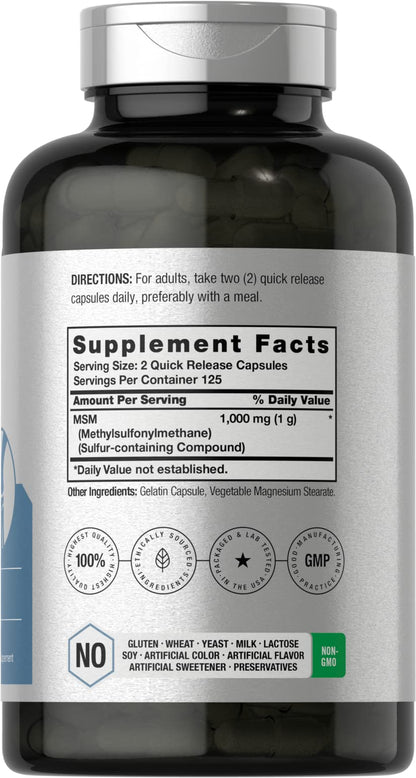 Horbäach MSM Supplement Capsules 1000mg – 250 Count – Non-GMO & Gluten Free