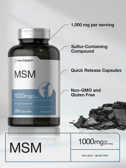 Horbäach MSM Supplement Capsules 1000mg – 250 Count – Non-GMO & Gluten Free