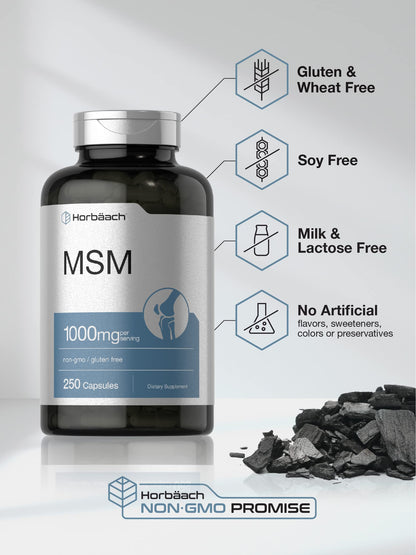 Horbäach MSM Supplement Capsules 1000mg – 250 Count – Non-GMO & Gluten Free