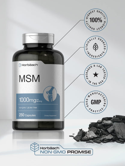Horbäach MSM Supplement Capsules 1000mg – 250 Count – Non-GMO & Gluten Free