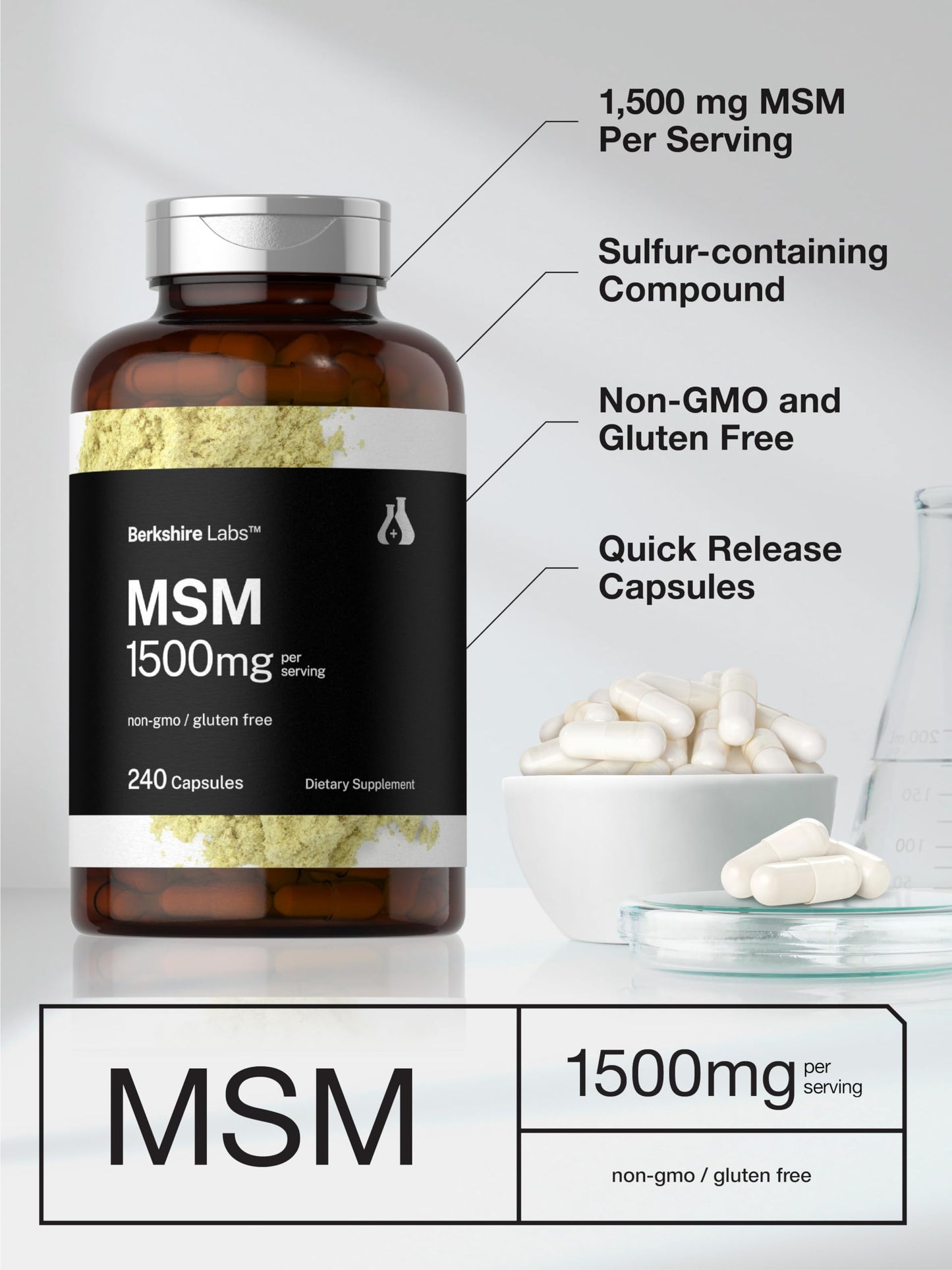 Horbäach MSM Capsules 1500mg – 240 Count | Non-GMO, Gluten Free | Berkshire Labs