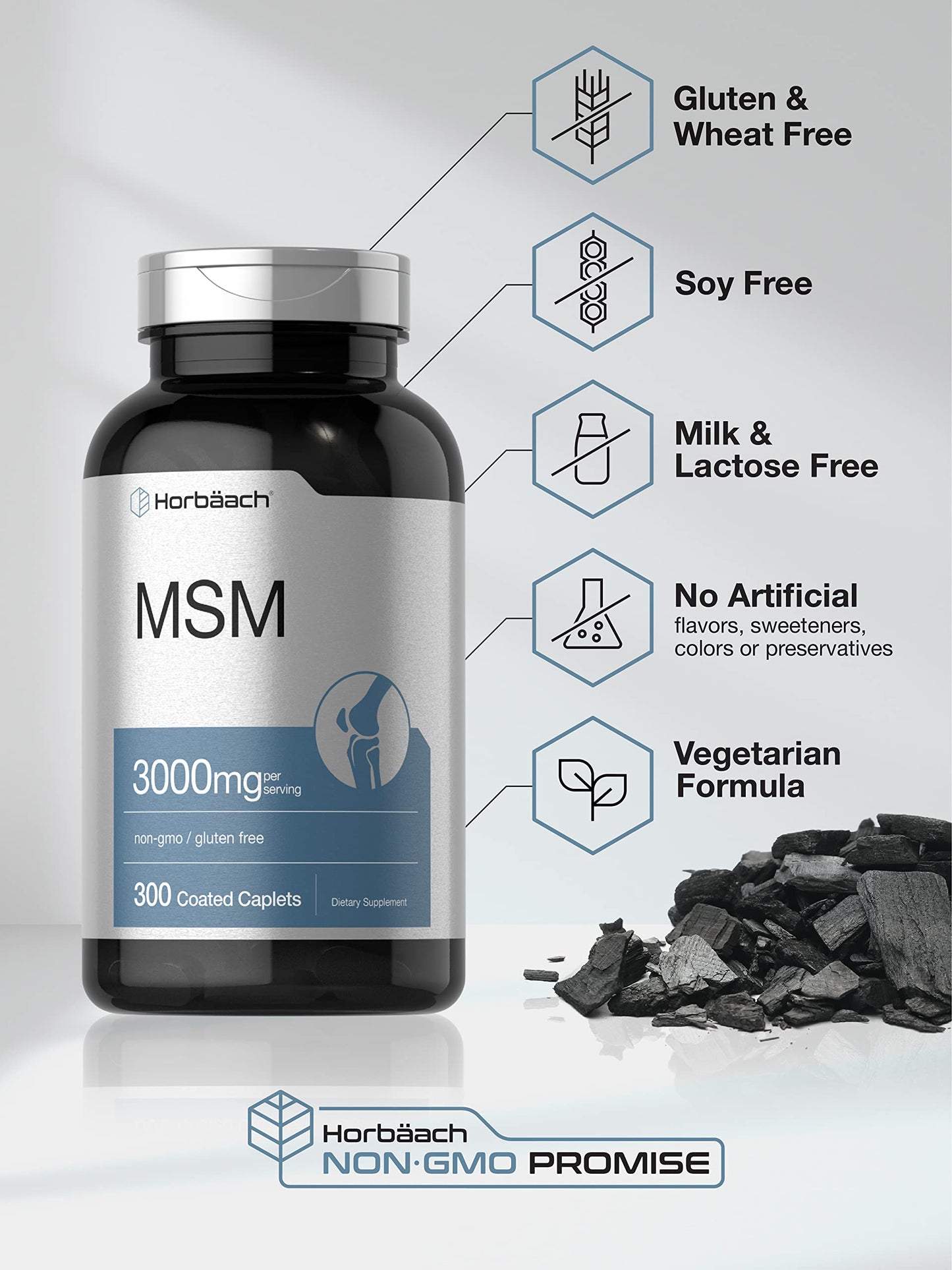 Horbaach MSM 3000mg Supplement – 300 Coated Caplets | MSM with Calcium, Vegetarian, Non-GMO, Gluten Free