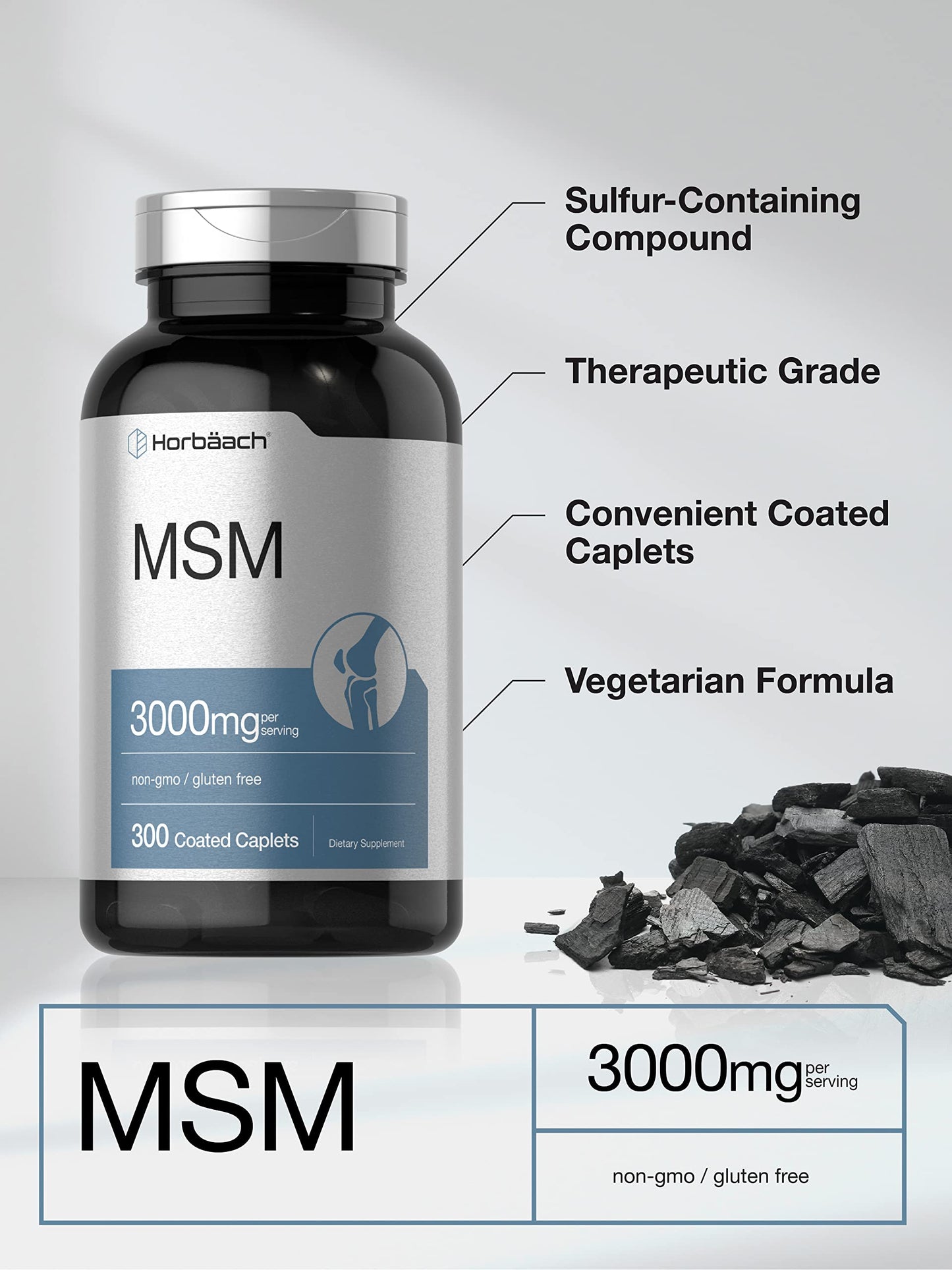 Horbaach MSM 3000mg Supplement – 300 Coated Caplets | MSM with Calcium, Vegetarian, Non-GMO, Gluten Free