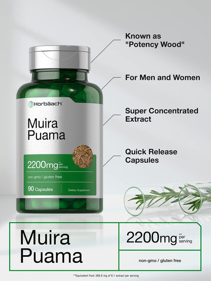 Horbäach Muira Puama Root Extract 2200 mg – 90 Capsules | Non-GMO, Gluten Free Supplement