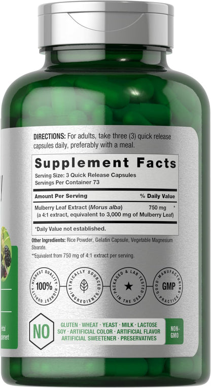 Horbäach Mulberry Leaf Extract Capsules 3000mg - 220 Count | Non-GMO, Gluten Free