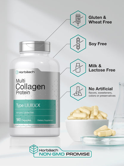 Horbäach Multi Collagen Protein 2000 mg – 180 Capsules | Hydrolyzed Collagen Types I, II, III, V, X | Keto & Paleo Friendly, Non-GMO, Gluten Free