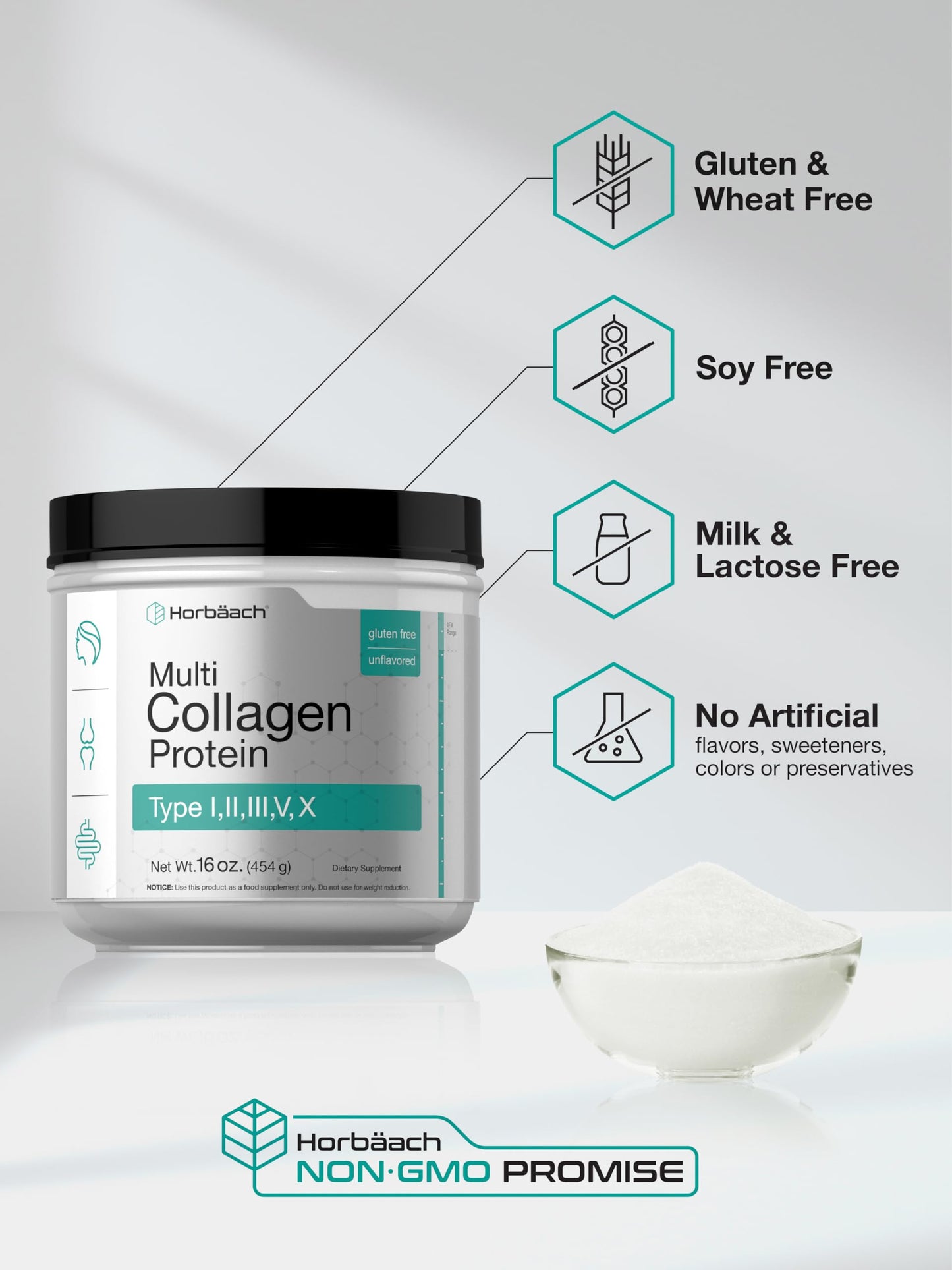 Horbäach Multi Collagen Protein Powder 16 oz | Type I–X | Unflavored | Non-GMO, Gluten Free