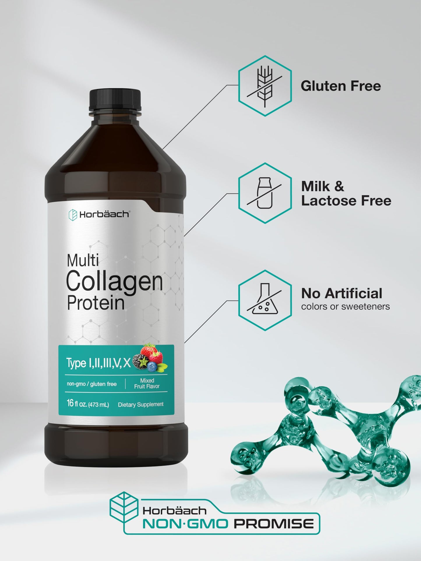 Horbaach Multi Collagen Protein – 16 fl oz Fruit Flavor, Liquid Collagen Peptides (Type I–X), Non-GMO & Gluten Free