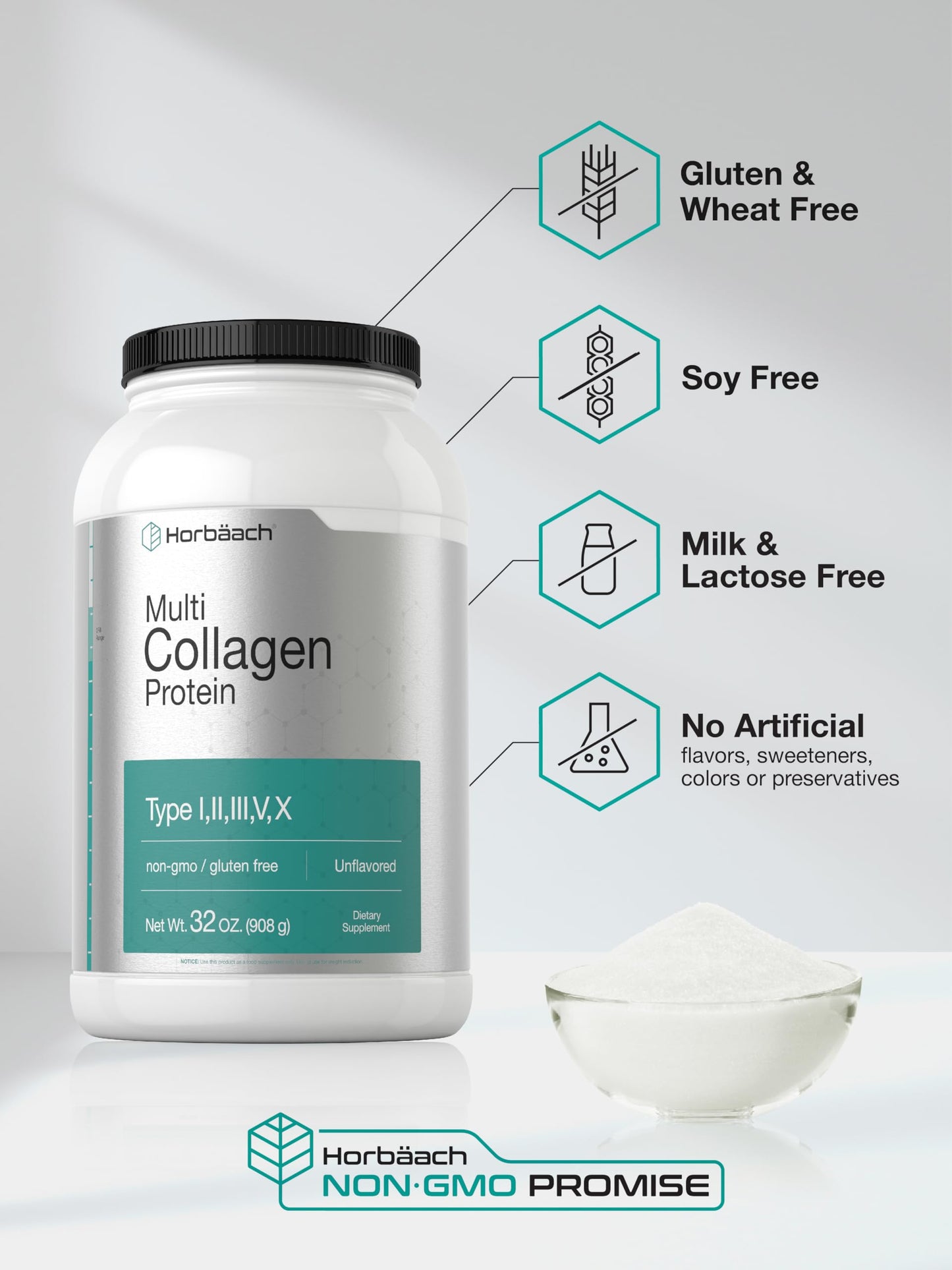 Horbaach Multi Collagen Protein Powder 32 oz | Types I-V-X, Unflavored, Gluten Free