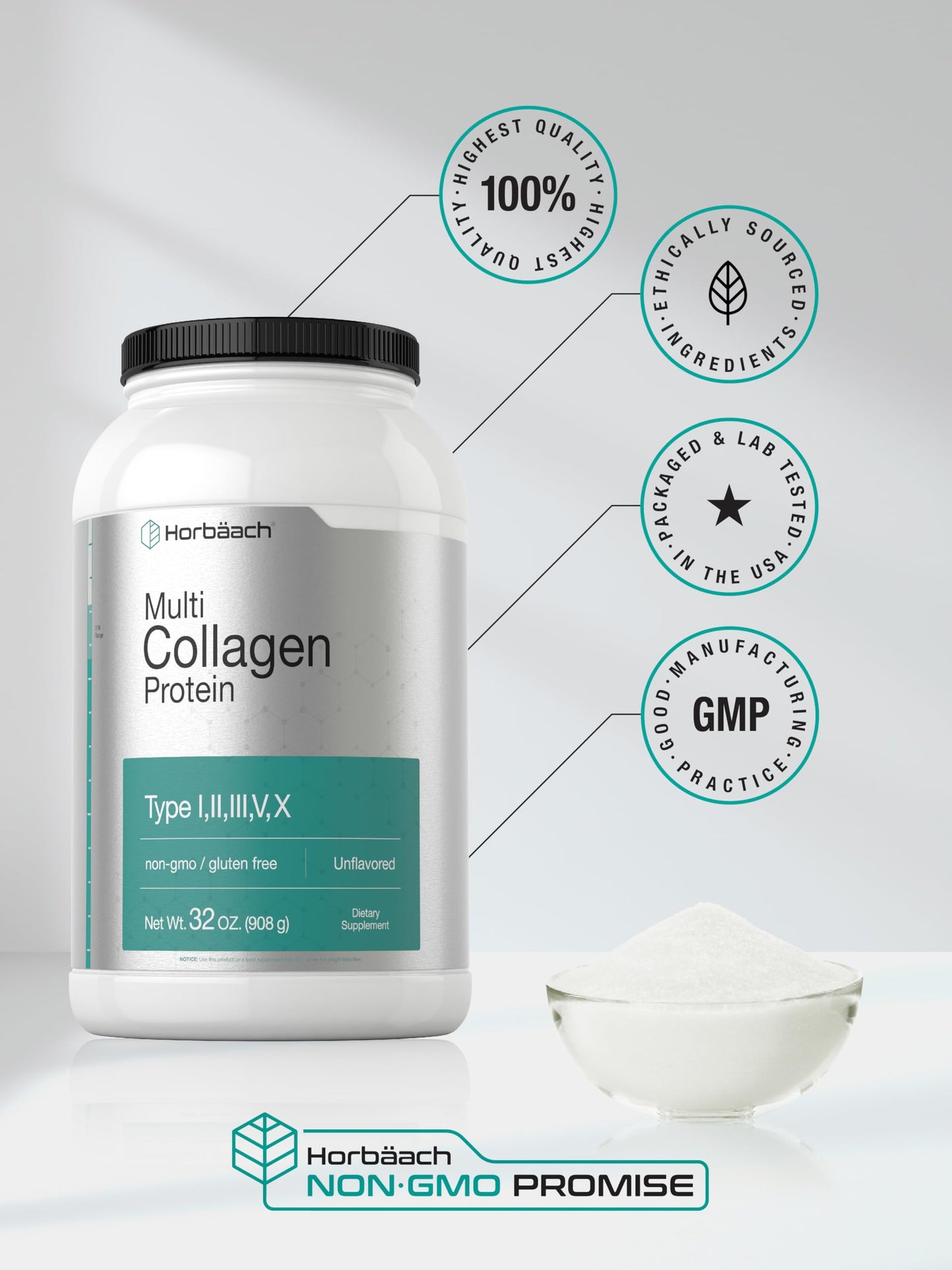 Horbaach Multi Collagen Protein Powder 32 oz | Types I-V-X, Unflavored, Gluten Free