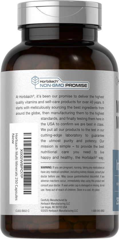 Horbäach Multi Minerals Supplement – 250 Capsules, Iron Free, Non-GMO & Gluten Free
