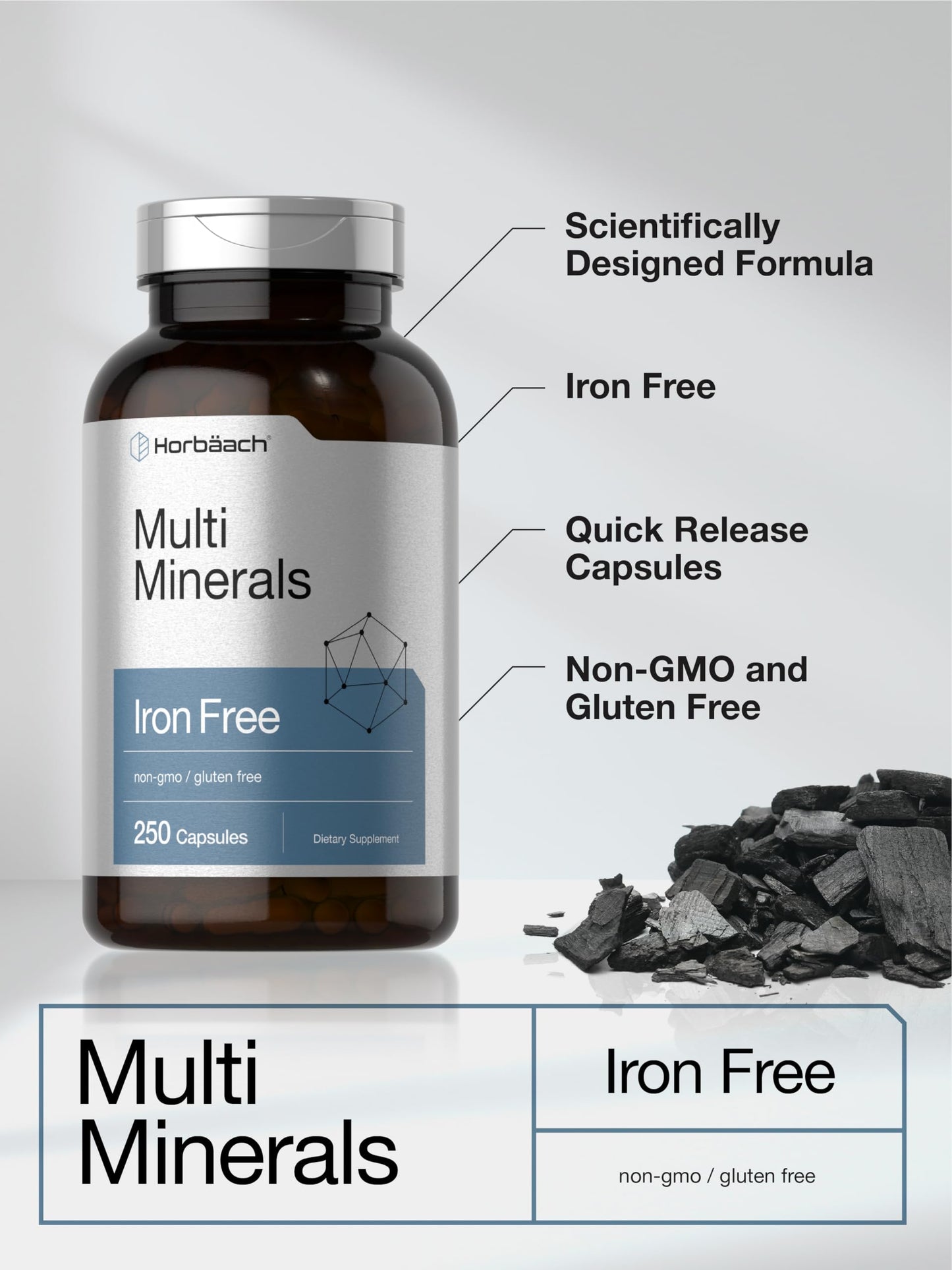 Horbäach Multi Minerals Supplement – 250 Capsules, Iron Free, Non-GMO & Gluten Free