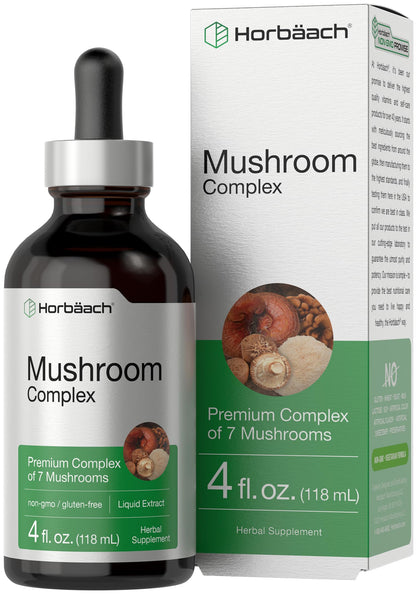 Horbäach Mushroom Complex – 4 Fl Oz Liquid Drops | Lion's Mane, Reishi, Shiitake & More – Vegetarian, Non-GMO