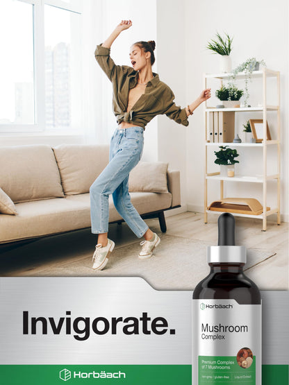Horbäach Mushroom Complex – 4 Fl Oz Liquid Drops | Lion's Mane, Reishi, Shiitake & More – Vegetarian, Non-GMO