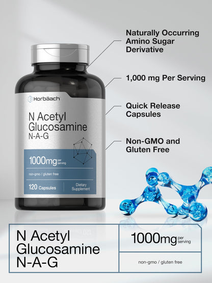 Horbaach N-Acetyl Glucosamine 1000 mg - 120 Capsules | NAG Supplement - Non-GMO & Gluten Free
