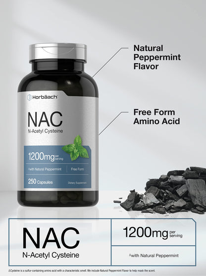 Horbäach NAC N-Acetyl Cysteine 1200mg | 250 Powder Capsules | Peppermint | Non-GMO, Gluten Free