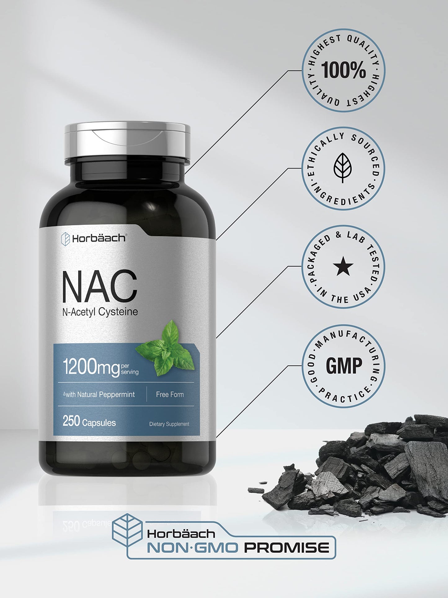 Horbäach NAC N-Acetyl Cysteine 1200mg | 250 Powder Capsules | Peppermint | Non-GMO, Gluten Free