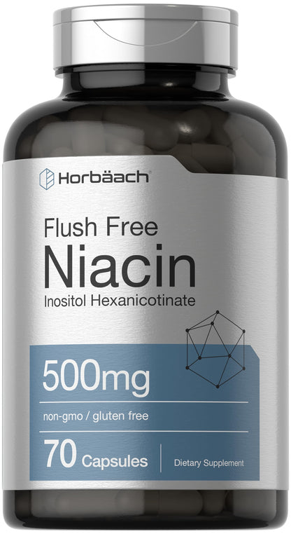 Horbaach Niacin 500mg – 70 Capsules – Flush Free (Inositol Hexanicotinate) – Non-GMO & Gluten Free