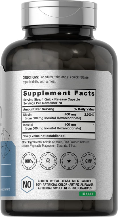 Horbaach Niacin 500mg – 70 Capsules – Flush Free (Inositol Hexanicotinate) – Non-GMO & Gluten Free
