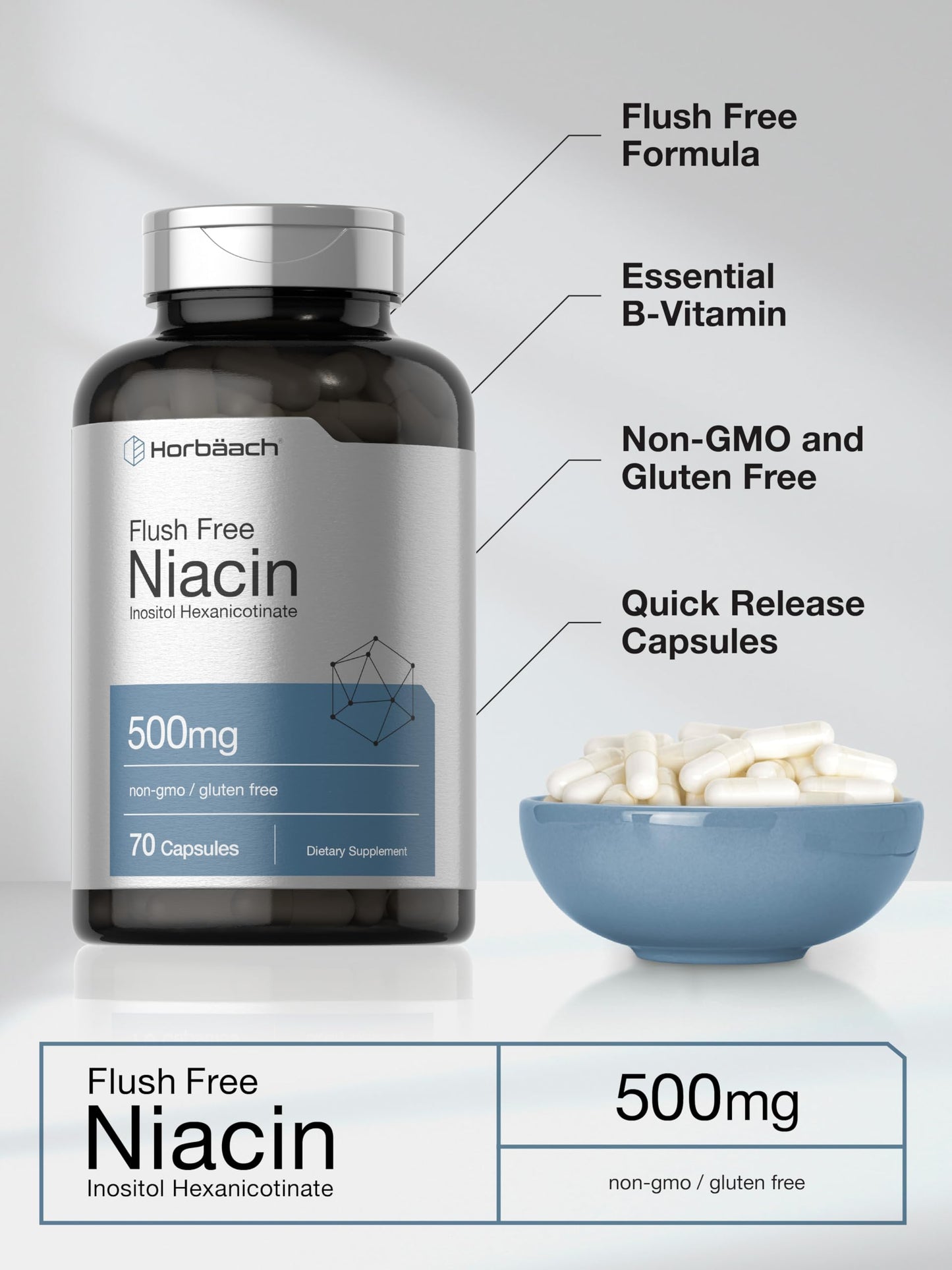 Horbaach Niacin 500mg – 70 Capsules – Flush Free (Inositol Hexanicotinate) – Non-GMO & Gluten Free