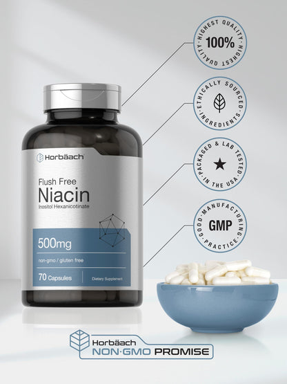 Horbaach Niacin 500mg – 70 Capsules – Flush Free (Inositol Hexanicotinate) – Non-GMO & Gluten Free