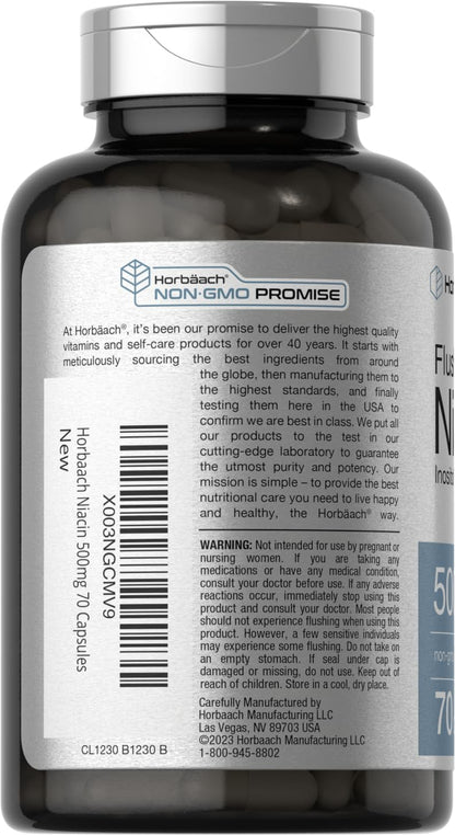 Horbaach Niacin 500mg – 70 Capsules – Flush Free (Inositol Hexanicotinate) – Non-GMO & Gluten Free