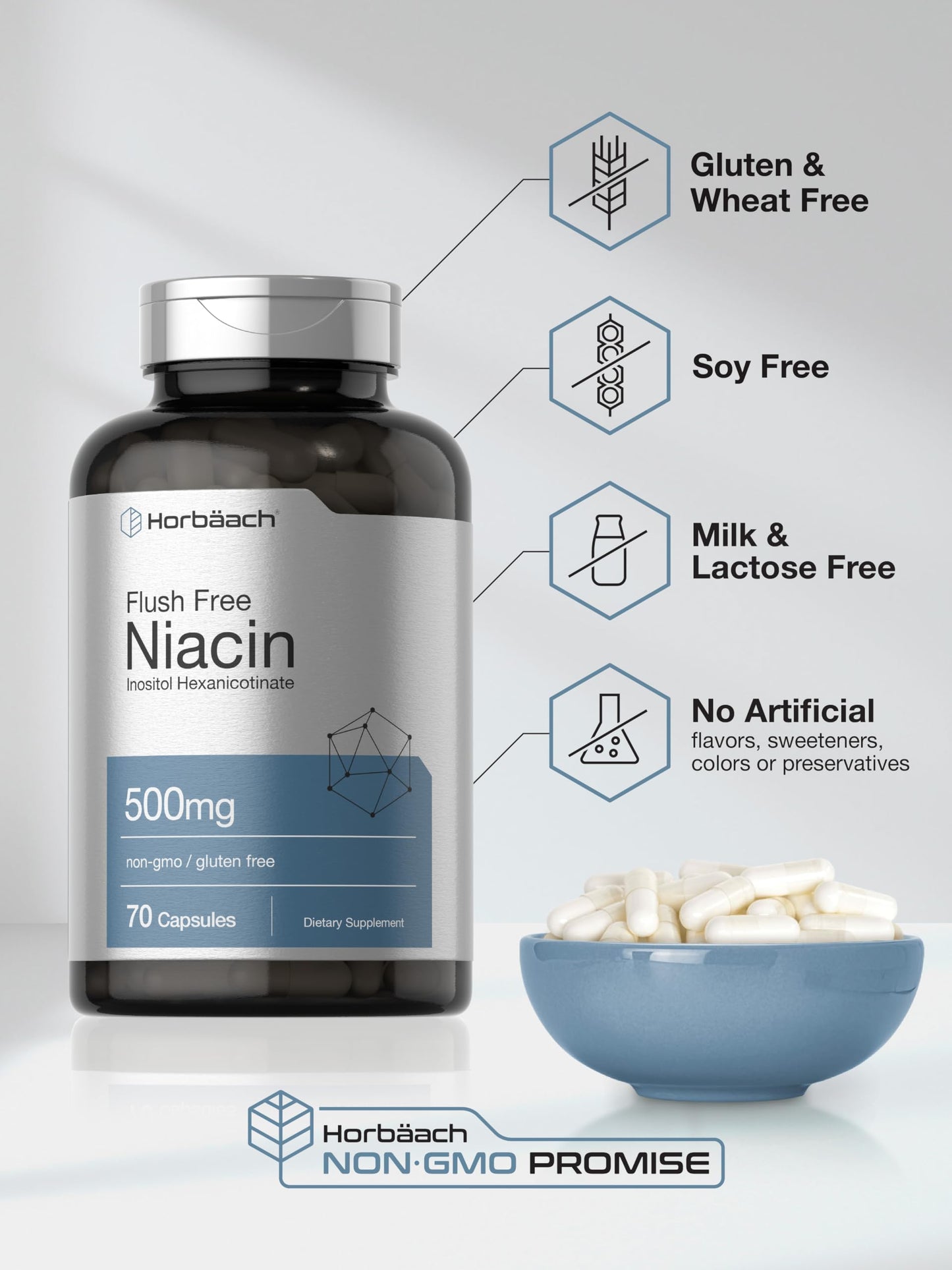 Horbaach Niacin 500mg – 70 Capsules – Flush Free (Inositol Hexanicotinate) – Non-GMO & Gluten Free