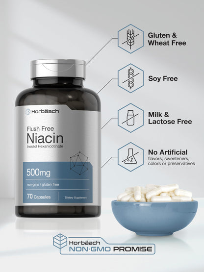 Horbaach Niacin 500mg – 70 Capsules – Flush Free (Inositol Hexanicotinate) – Non-GMO & Gluten Free