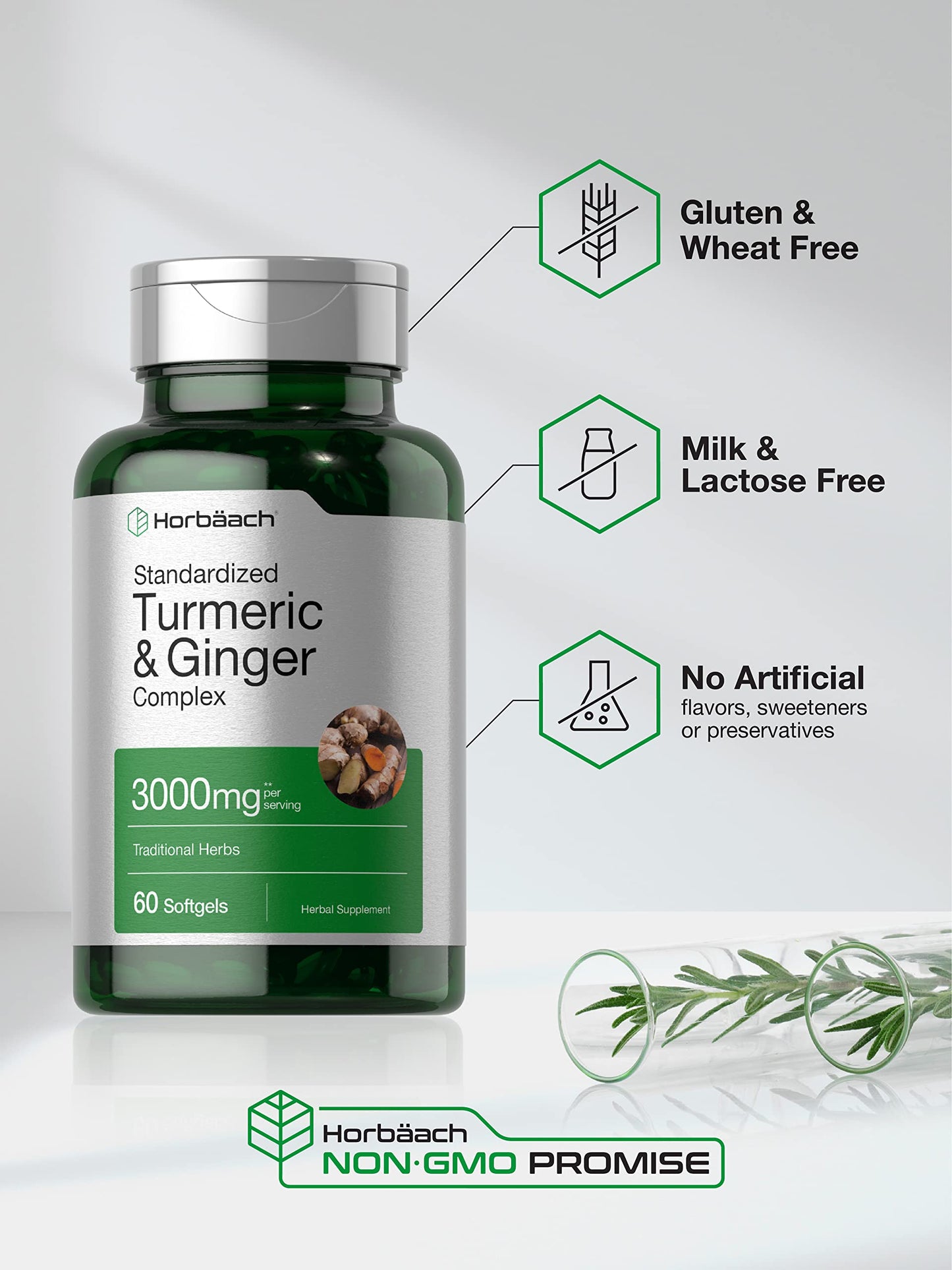 Horbäach Turmeric & Ginger Supplement 3000 mg | 60 Softgels | Black Pepper for Absorption | Non-GMO, Gluten Free