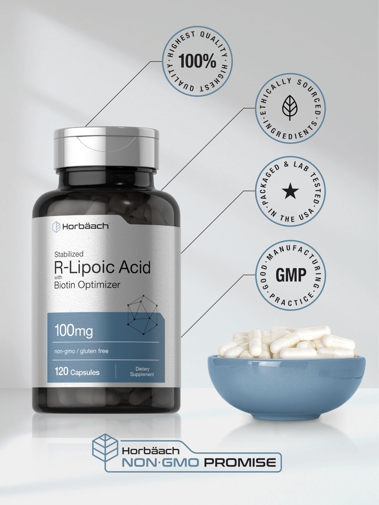 Horbaach R-Lipoic Acid 100 mg | 120 Capsules | with Biotin Optimizer | Non-GMO, Gluten Free | Stabilized R-Lipoic Acid Supplement