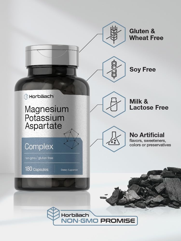 Horbäach Magnesium Potassium Aspartate Complex | 180 Capsules | Non-GMO & Gluten Free Formula