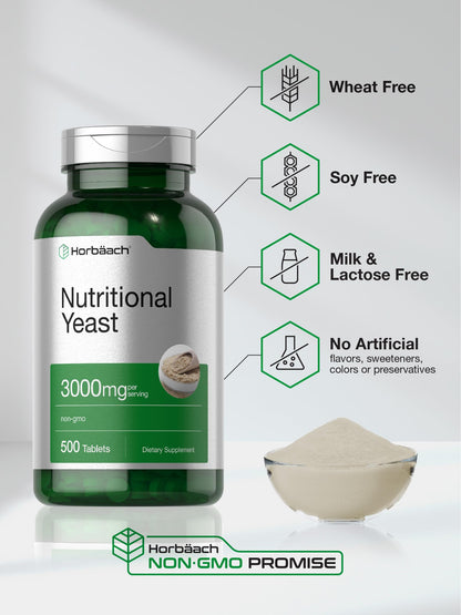 Horbaach Nutritional Yeast Tablets 3000mg – 500 Count | B12, B1, B2 & Niacin | Non-GMO & Gluten Free